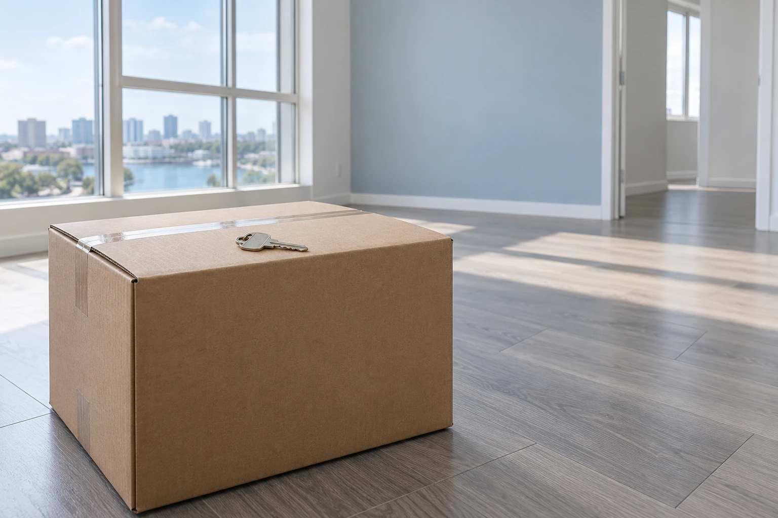 Carton de déménagement avec clé posé dans appartement vide lumineux donnant sur ville