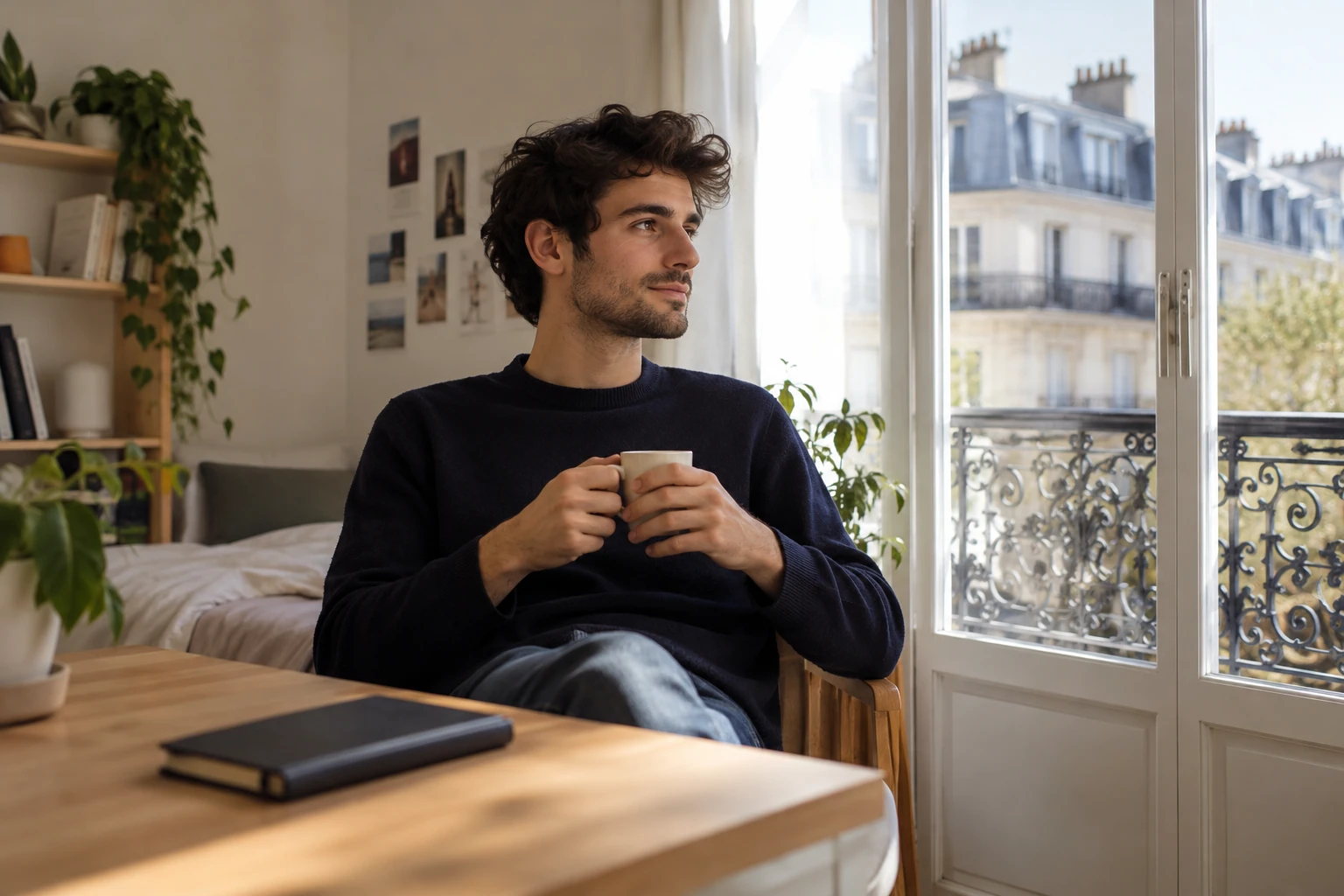Jeune homme assis près d'une fenêtre parisienne, tenant une tasse, carnet sur table