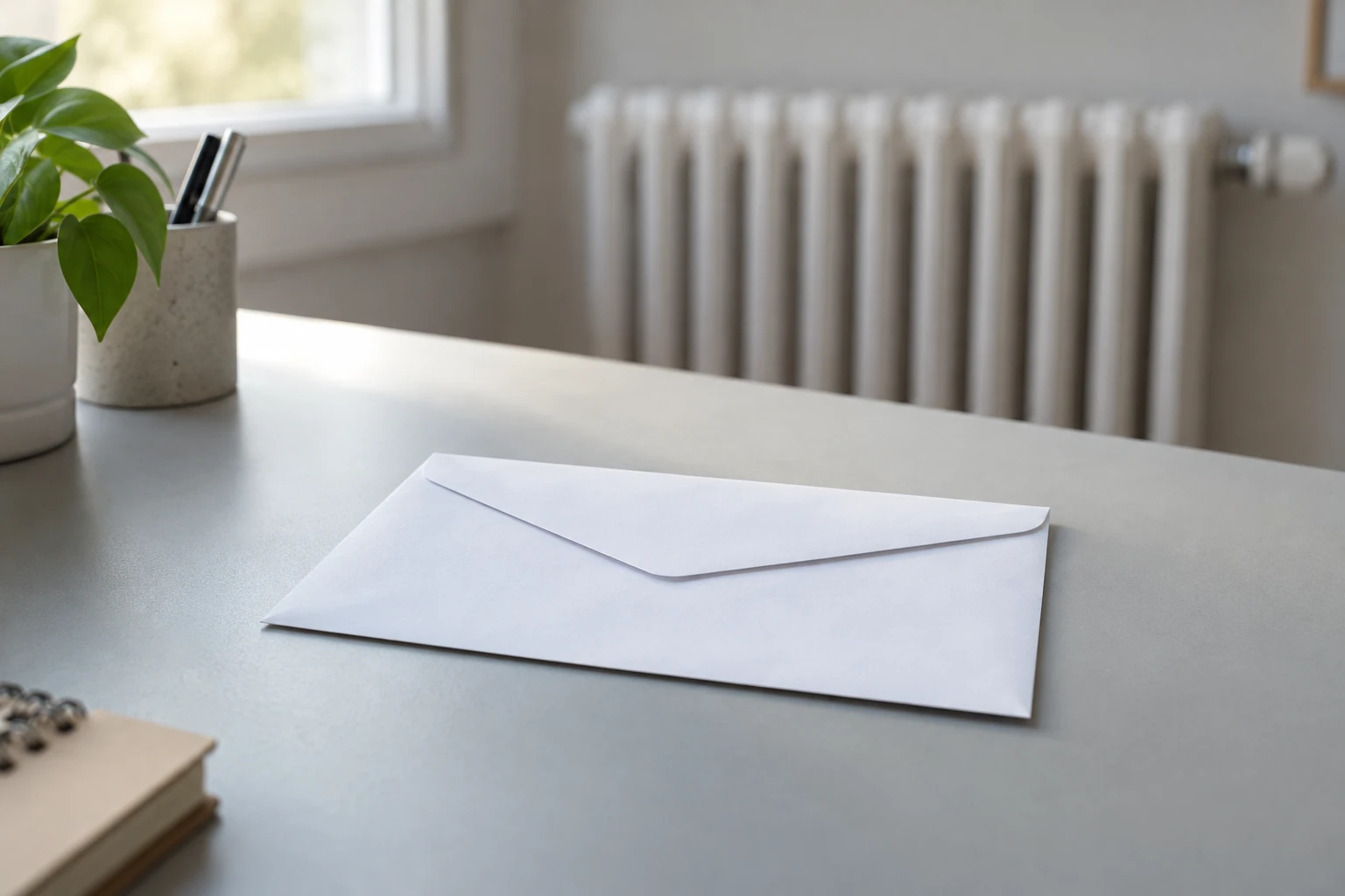 Enveloppe blanche fermée posée sur bureau devant radiateur et plante près fenêtre
