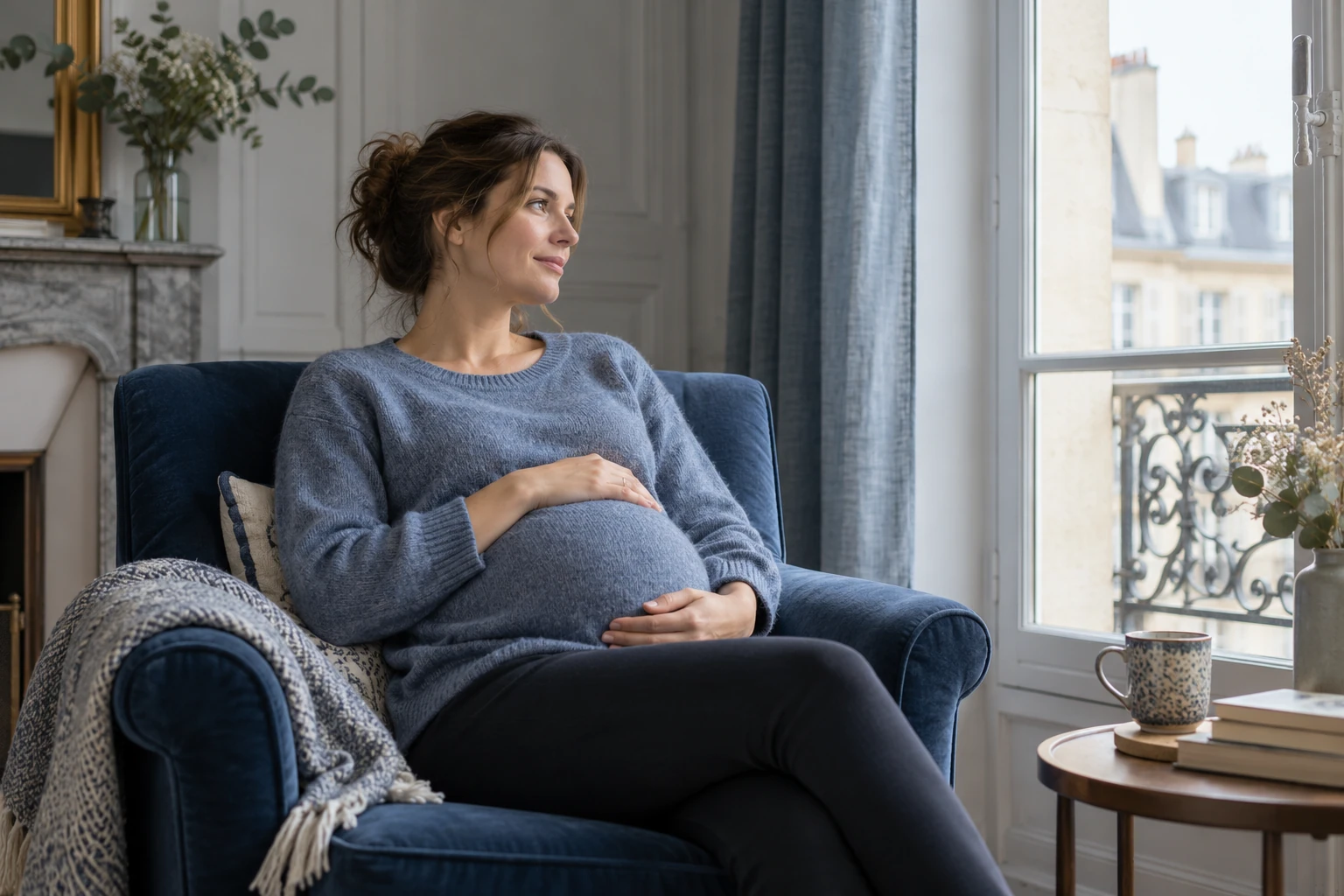 Femme enceinte assise dans un fauteuil bleu, mains sur le ventre, regard à la fenêtre