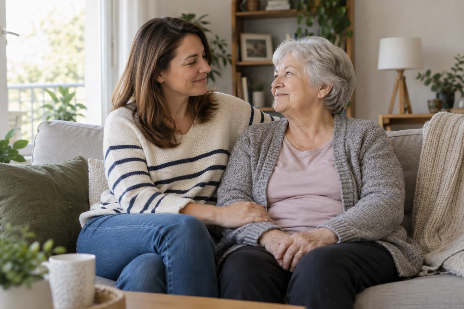 Femme adulte tenant la main d'une femme âgée sur un canapé, intérieur lumineux