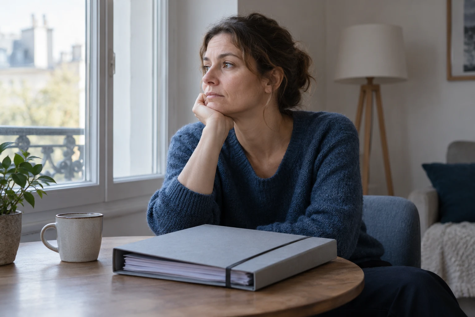 Femme assise à une table, regard pensif par la fenêtre, dossier et tasse présents